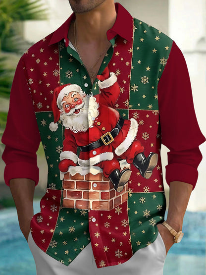 Adaychic Men's Printed Santa Claus On Chimney Print Long Sleeve Shirt with Chest Pocket