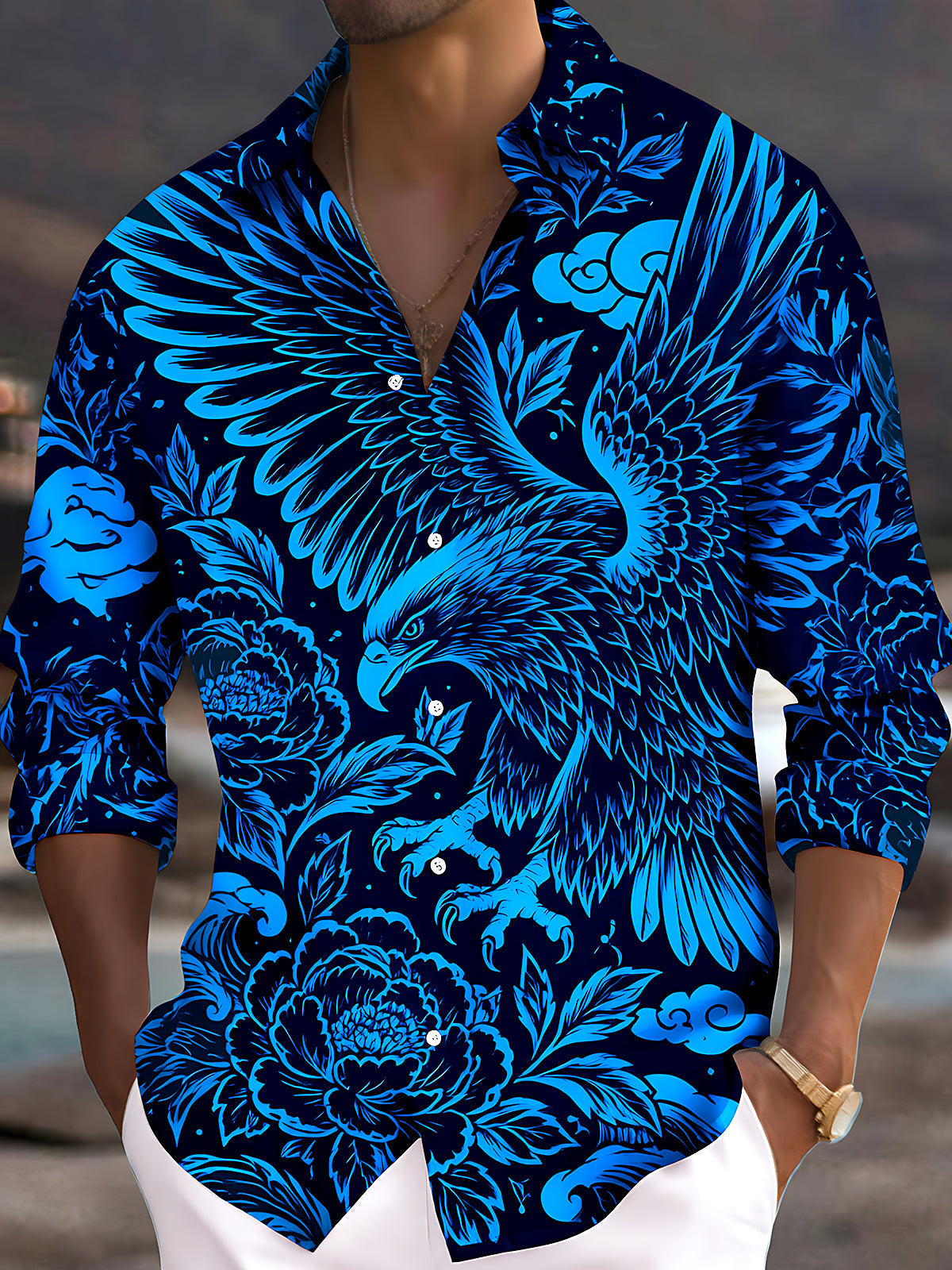 Adaychic Men's Floral Eagle And Floral Pattern Long Sleeve Shirt with Chest Pocket