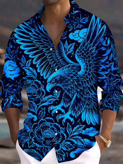 Adaychic Men's Floral Eagle And Floral Pattern Long Sleeve Shirt with Chest Pocket