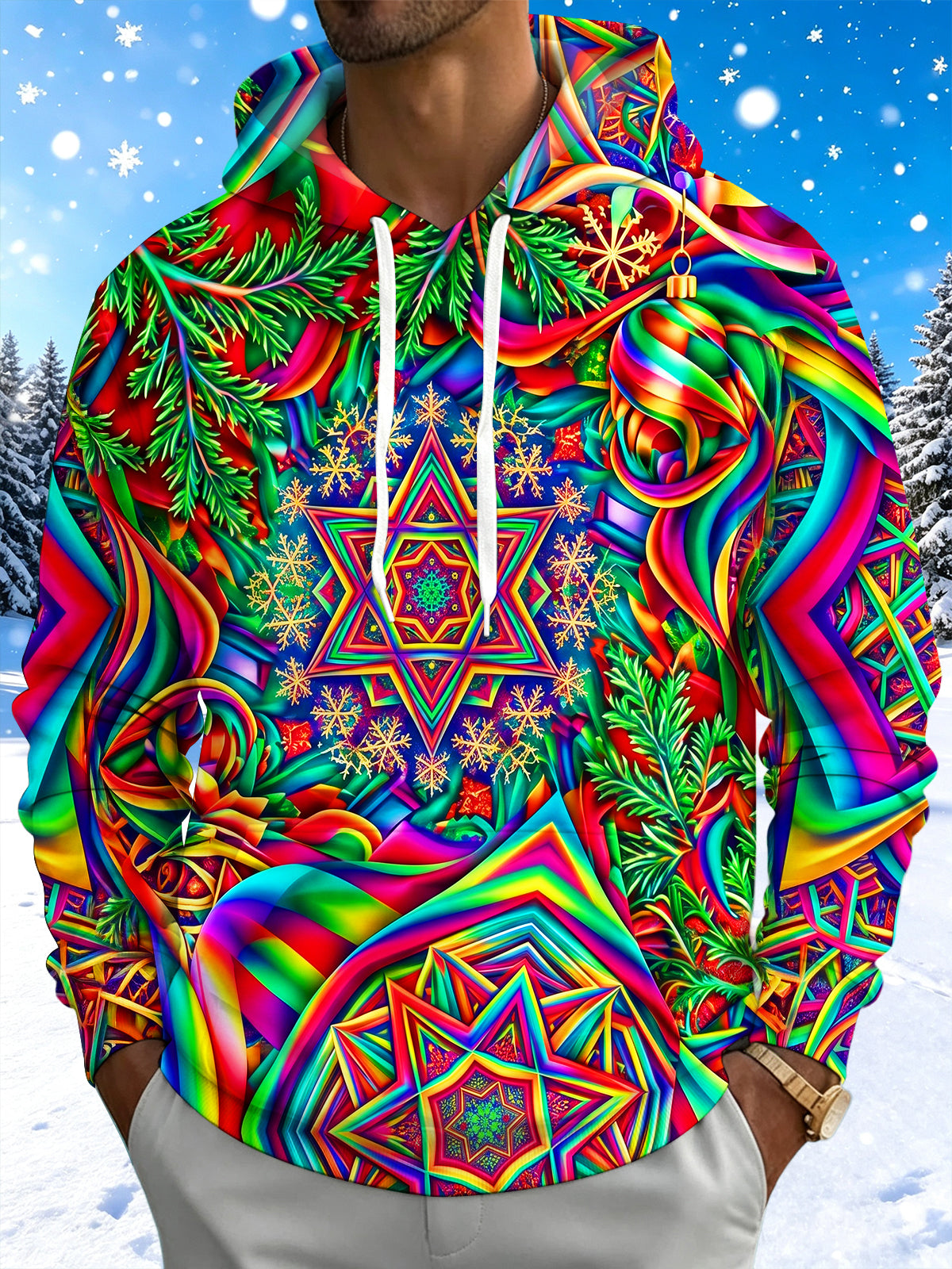 Adaychic Men's Long Sleeve Hoodie - Christmas Psychedelic Mandala With Snowflakes And Pine Branches Print