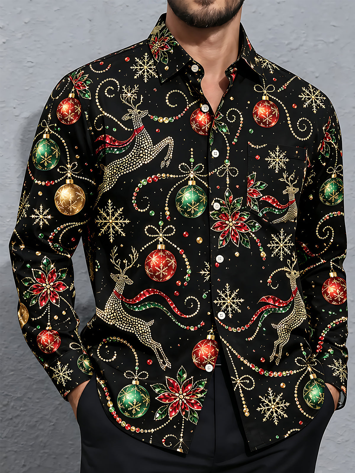 Adaychic Men's Printed Christmas Reindeer And Ornaments Print Long Sleeve Shirt with Chest Pocket