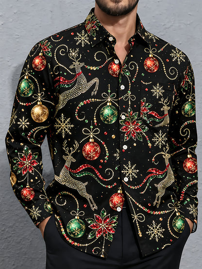 Adaychic Men's Printed Christmas Reindeer And Ornaments Print Long Sleeve Shirt with Chest Pocket