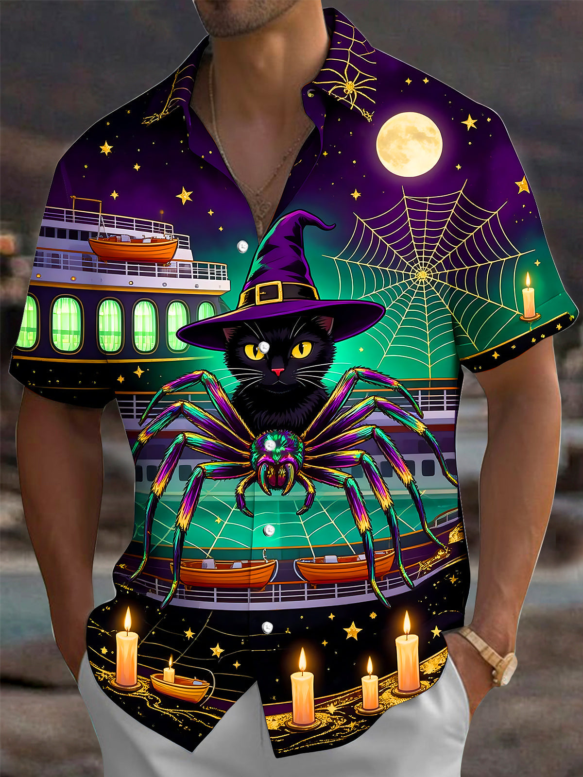 Adaychic Men's Graphic Halloween Black Cat And Spider Print Short Sleeve Shirt with Chest Pocket