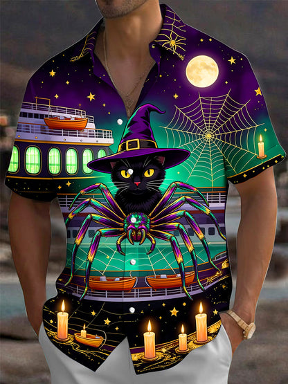 Adaychic Men's Graphic Halloween Black Cat And Spider Print Short Sleeve Shirt with Chest Pocket