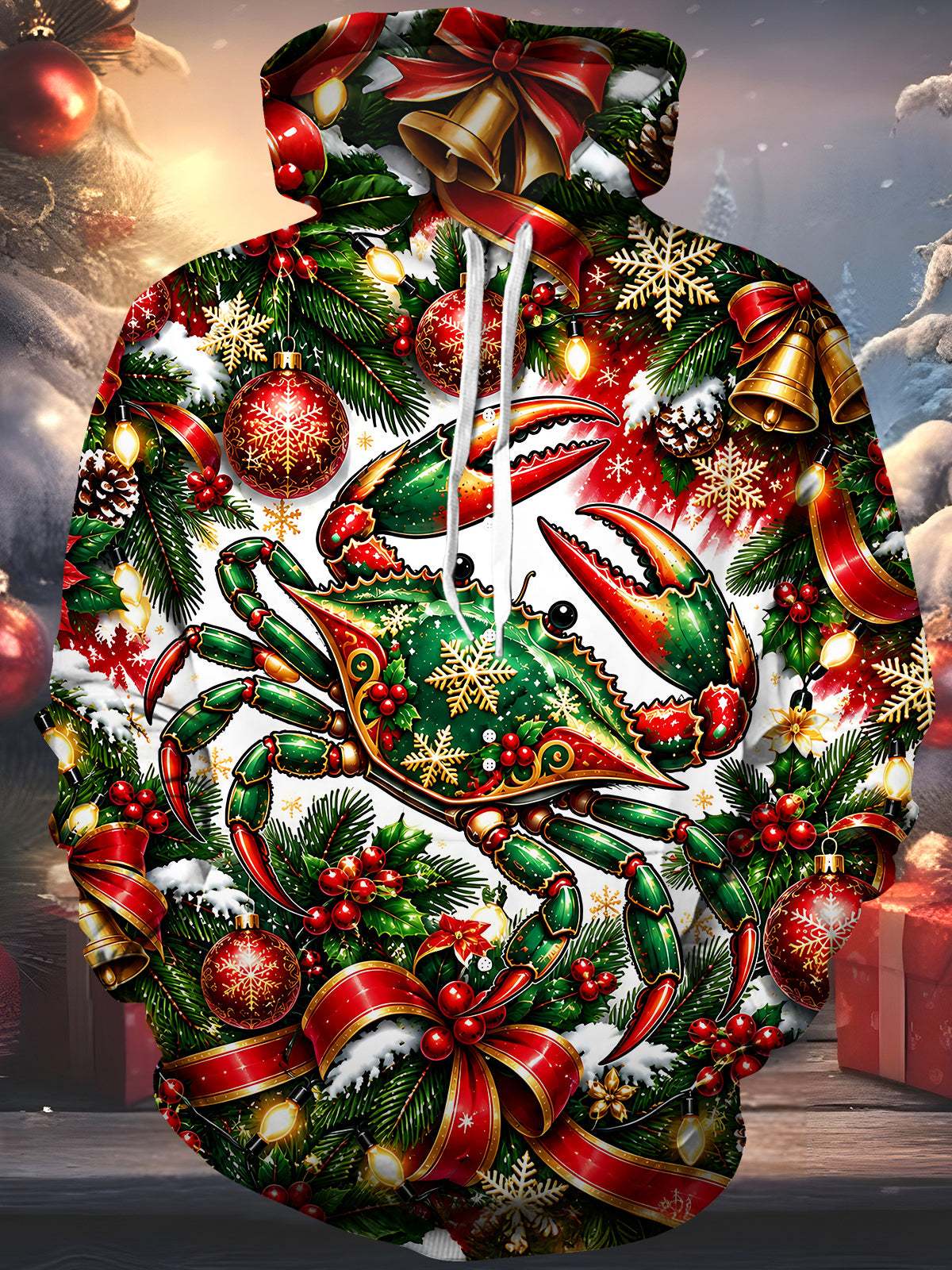 Adaychic Men's Graphic Christmas Crab Print Long Sleeve Hoodie