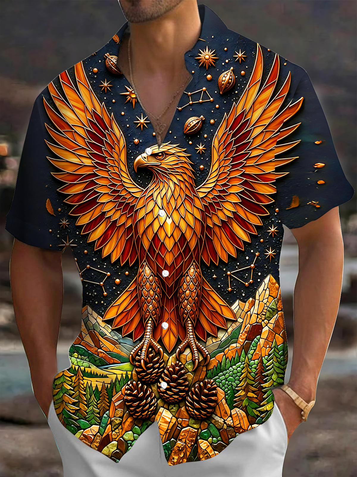 Adaychic Men's Graphic Stained Glass Eagle Print Short Sleeve Shirt with Chest Pocket