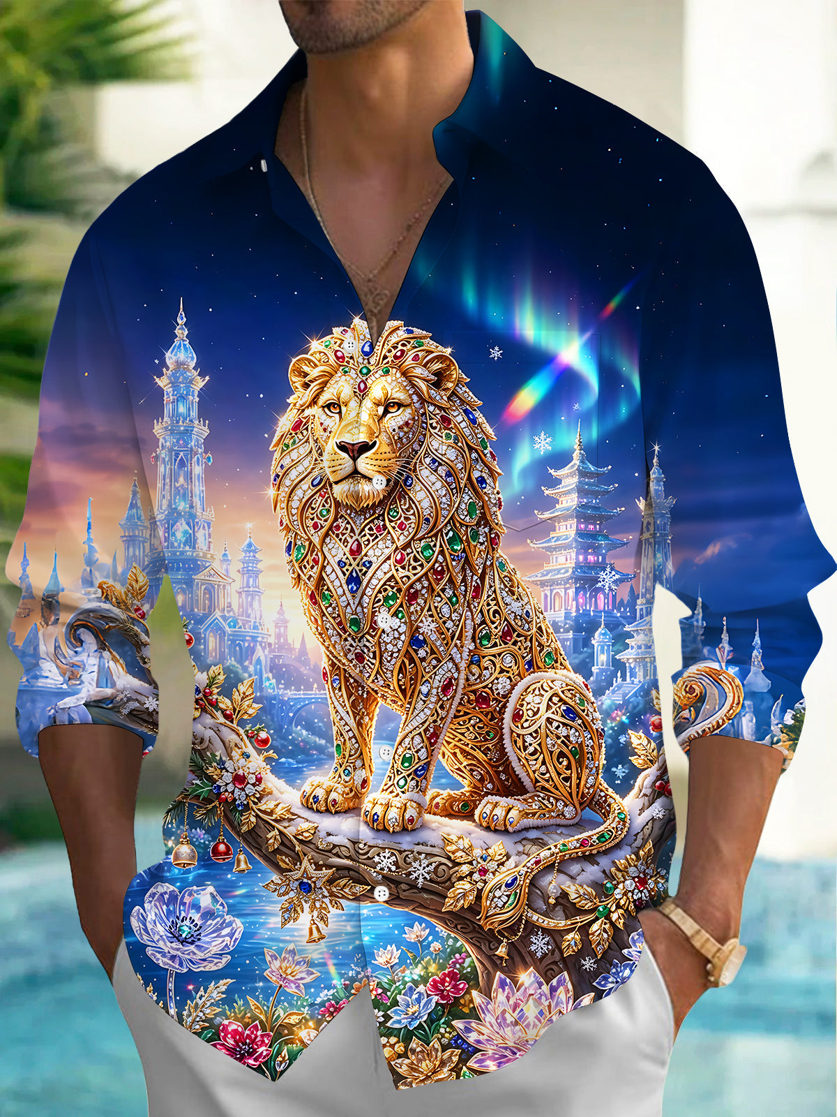 Adaychic Men's Long Sleeve Shirt - Winter Snow And Christmas Ornaments Print Gem Inlaid Lion Print with Chest Pocket