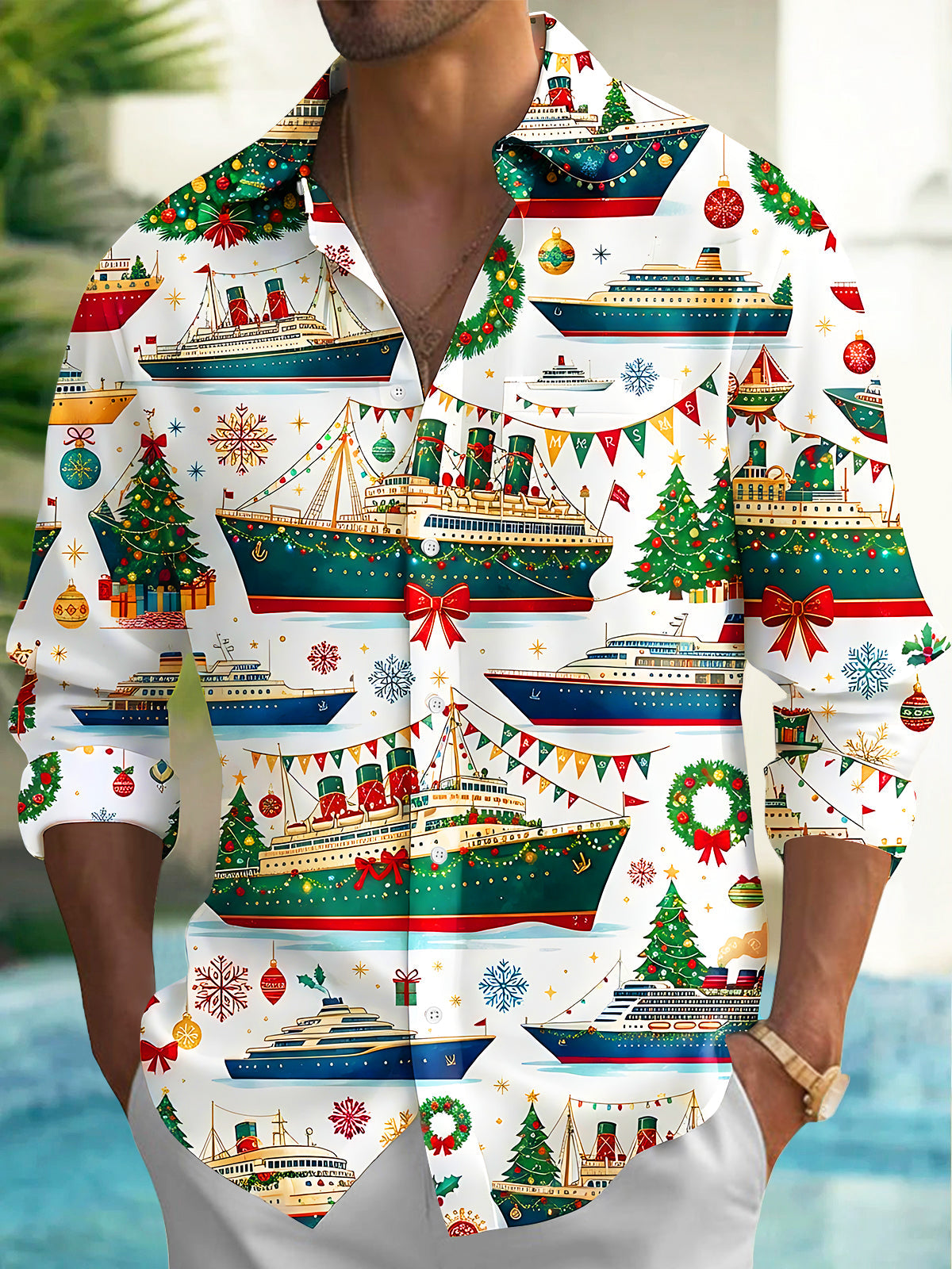 Adaychic Men's Long Sleeve Shirt - Christmas Cruise Ships And Holiday Ornaments Print with Chest Pocket