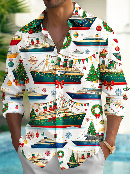 Adaychic Men's Long Sleeve Shirt - Christmas Cruise Ships And Holiday Ornaments Print with Chest Pocket