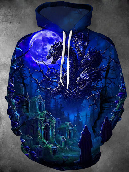 Adaychic Men's Multi-headed Dragon And Graveyard Print Long Sleeve Hoodie