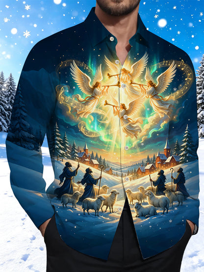 Adaychic Men's Long Sleeve Shirt - Christmas Angels And Shepherds With Sheep Print with Chest Pocket