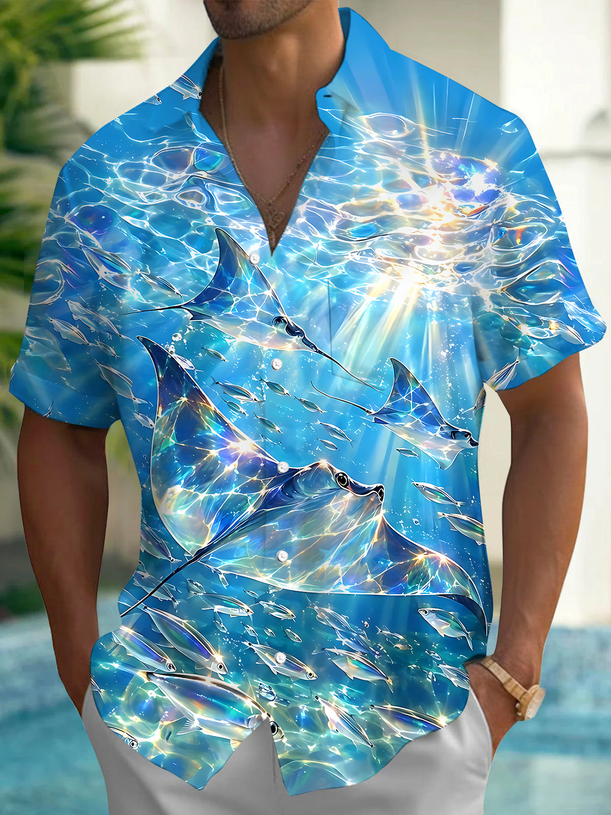 Adaychic Men's Hawaiian Manta Ray Print Ocean Water Print Short Sleeve Shirt with Chest Pocket
