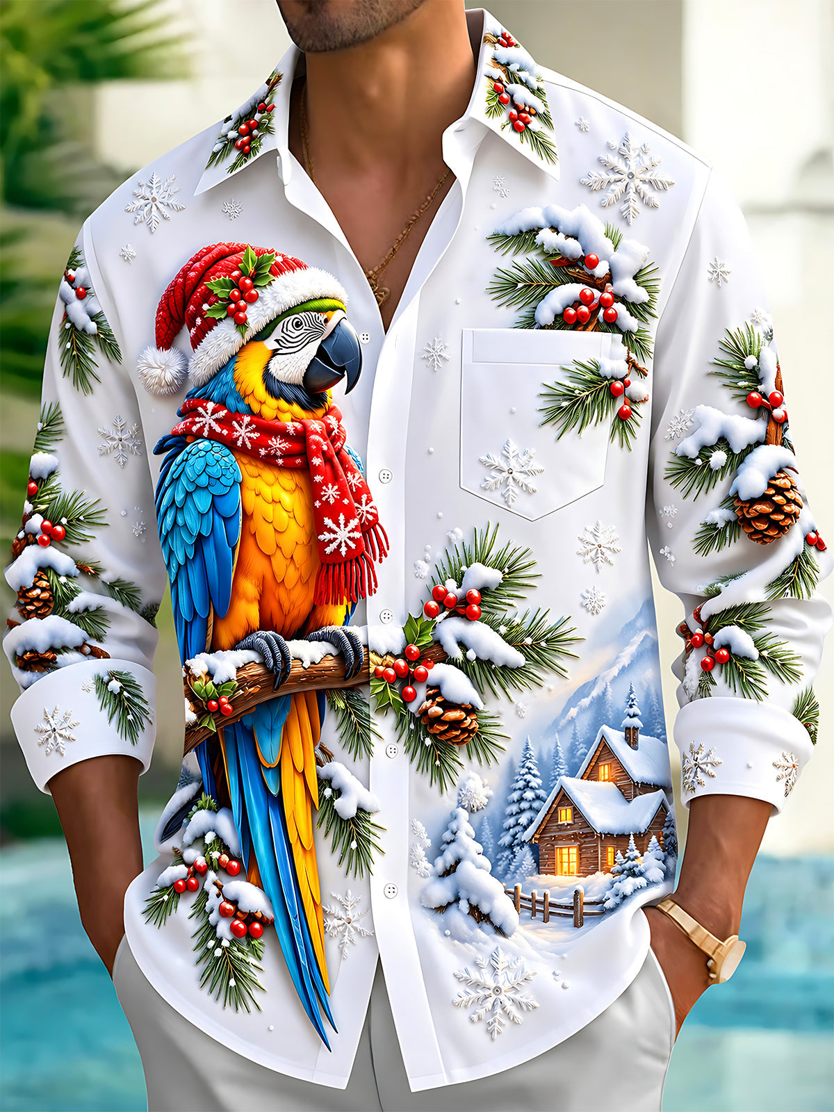 Adaychic Men's Graphic Christmas Parrot Print Long Sleeve Shirt with Chest Pocket