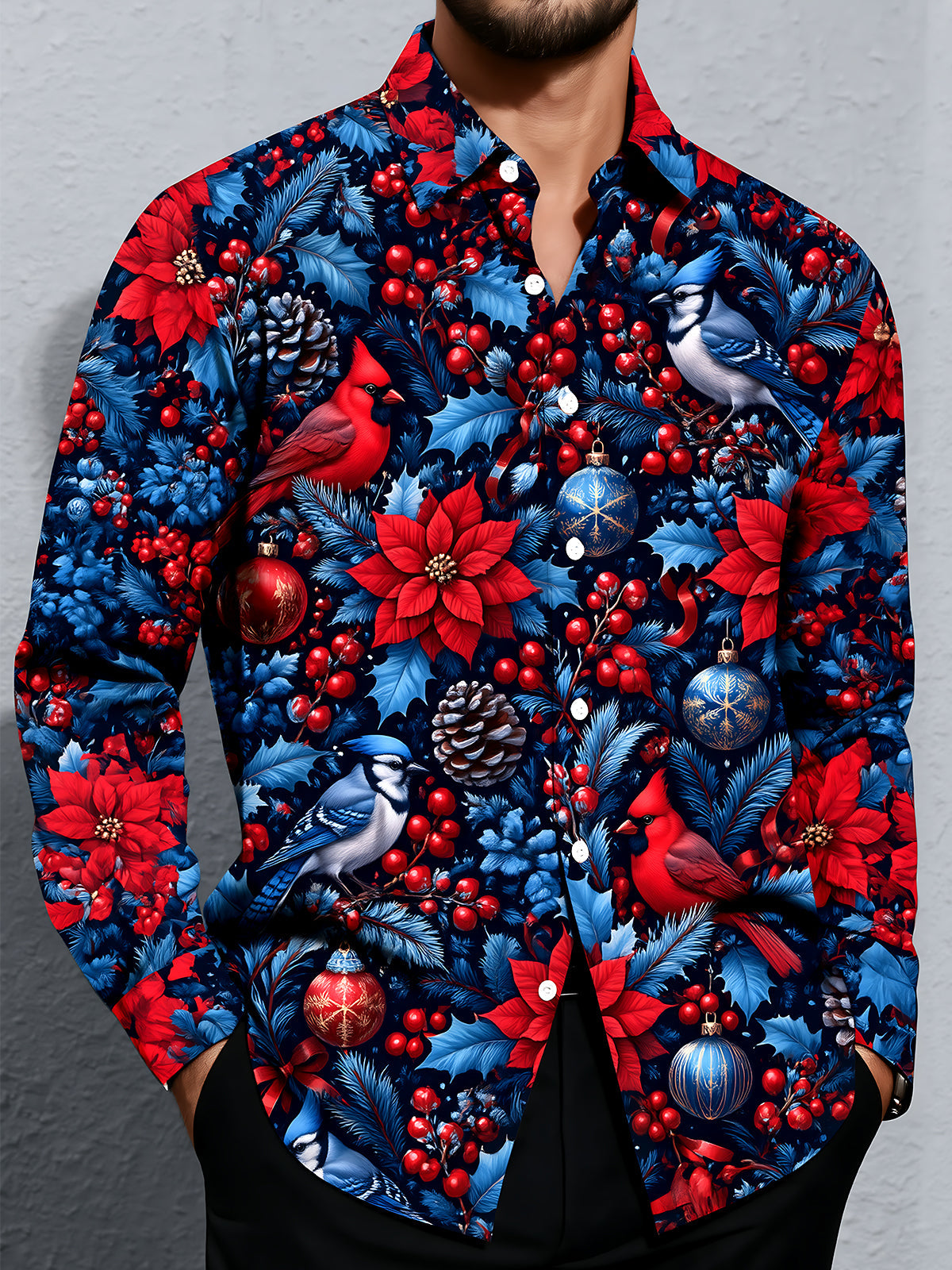 Adaychic Men's Printed Christmas Birds And Ornaments Print Long Sleeve Shirt with Chest Pocket