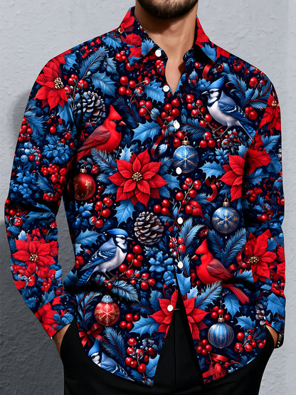 Adaychic Men's Printed Christmas Birds And Ornaments Print Long Sleeve Shirt with Chest Pocket