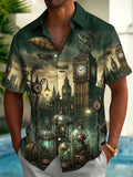 Adaychic Men's Short Sleeve Shirt - Victorian Architecture And Steampunk Elements Print with Chest Pocket