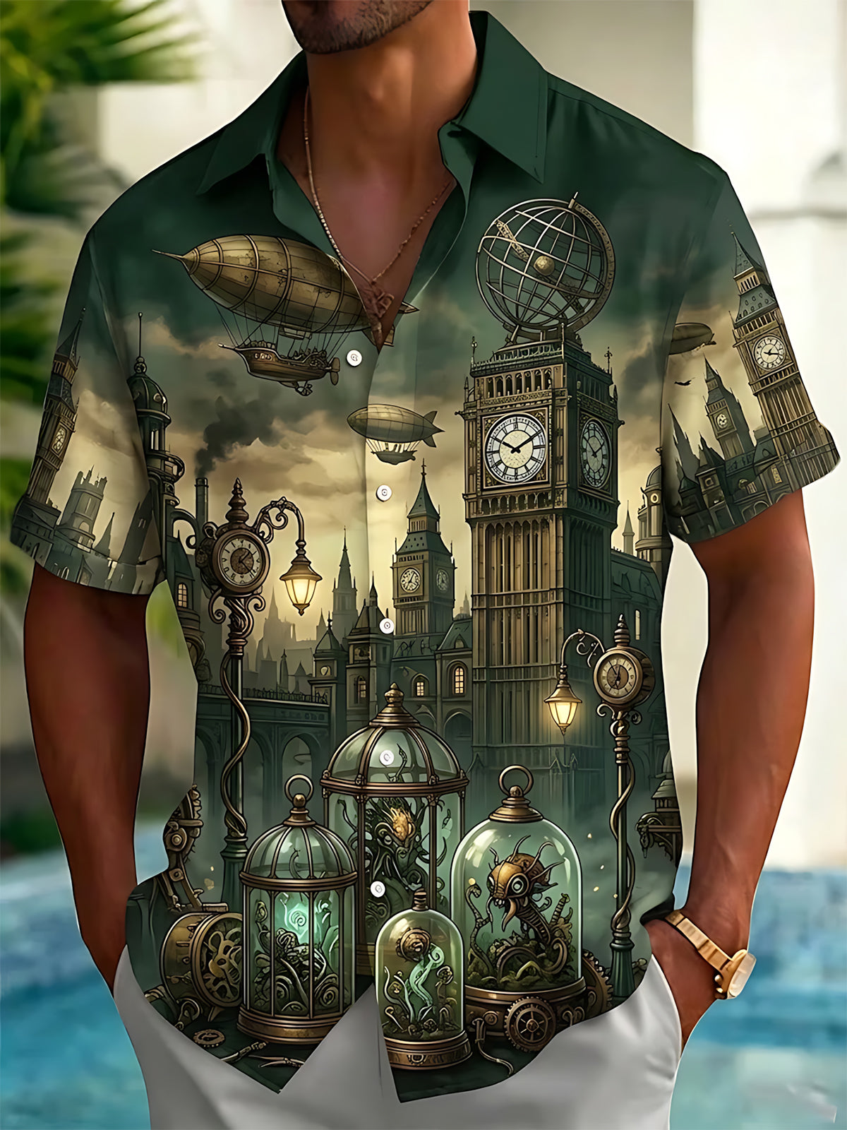 Adaychic Men's Short Sleeve Shirt - Victorian Architecture And Steampunk Elements Print with Chest Pocket
