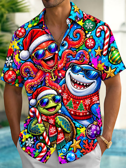 Adaychic Men's Hawaiian Christmas Marine Life Print Short Sleeve Shirt with Chest Pocket