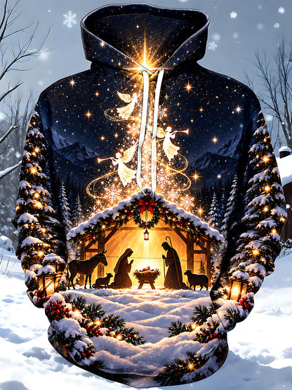 Adaychic Men's Nativity Scene With Angels And Star Print Long Sleeve Hoodie