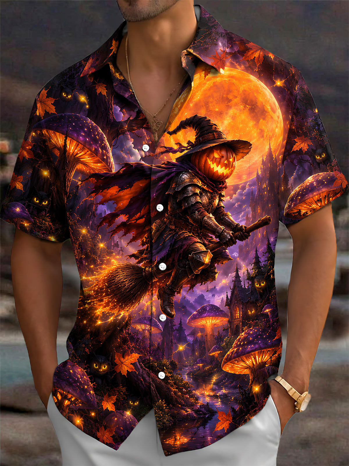 Adaychic Men's Graphic Pumpkin Knight Print Short Sleeve Shirt with Chest Pocket