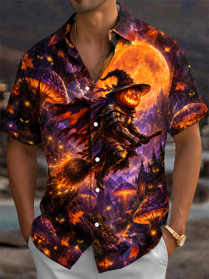 Adaychic Men's Graphic Pumpkin Knight Print Short Sleeve Shirt with Chest Pocket