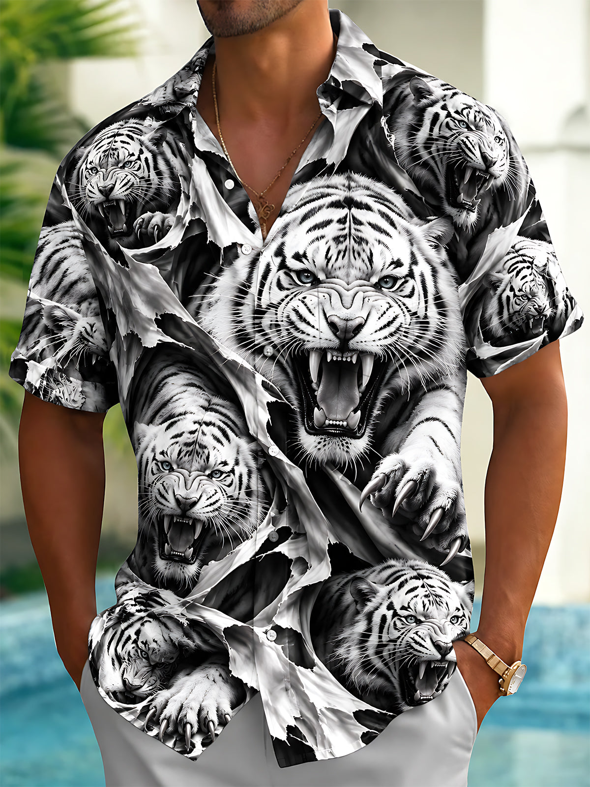 Adaychic Men's Hawaiian Pattern Print Short Sleeve Shirt with Chest Pocket