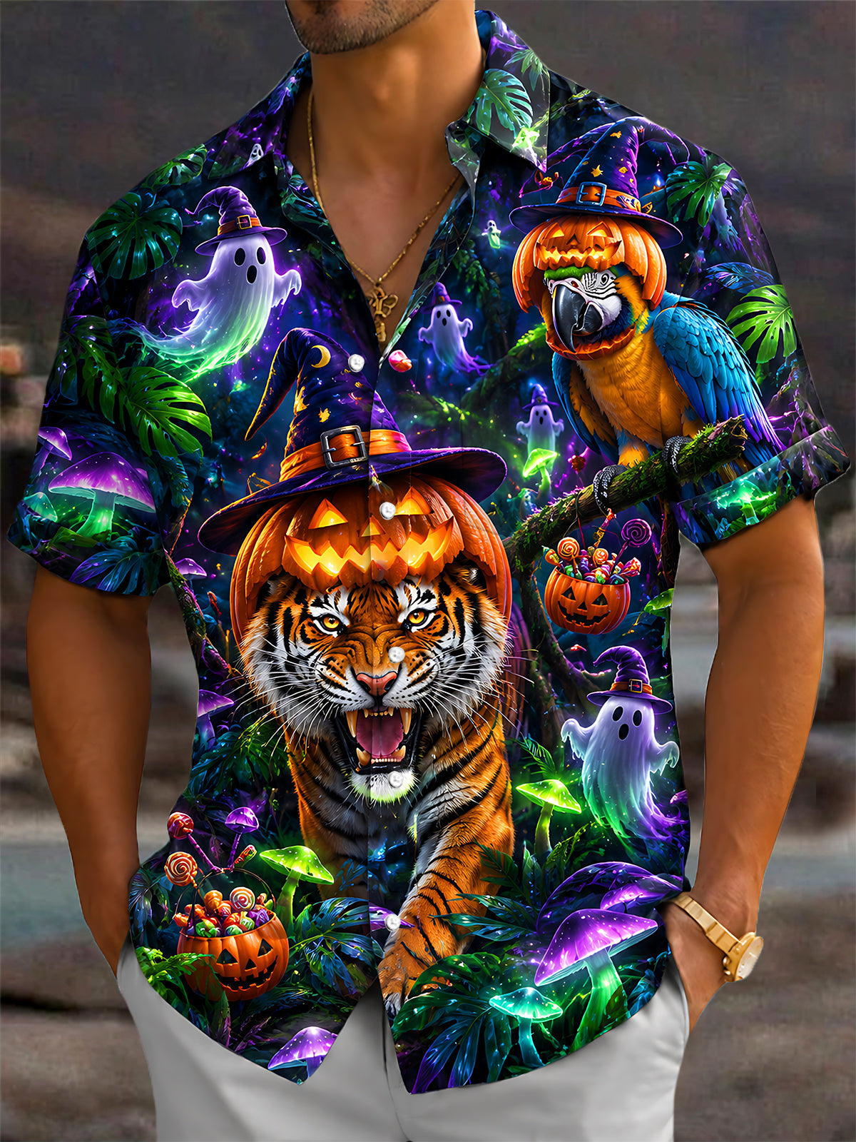 Adaychic Men's Hawaiian Halloween Tiger Print Short Sleeve Shirt with Chest Pocket