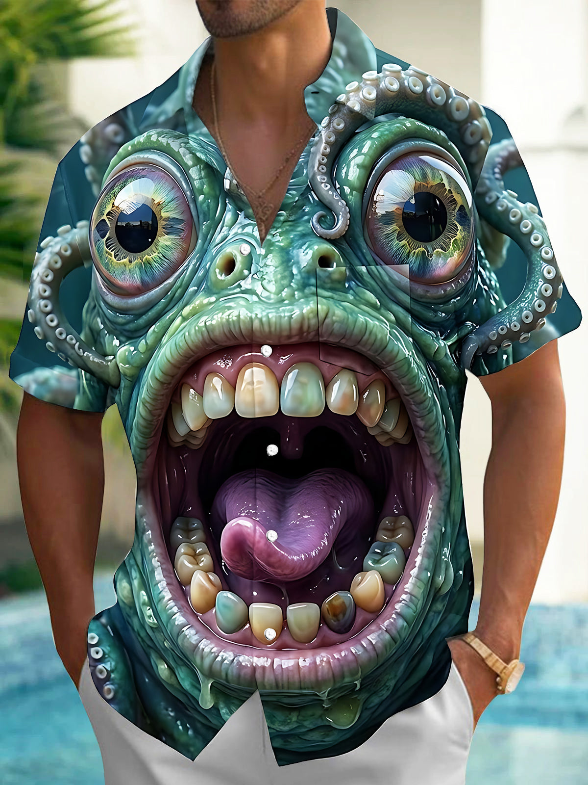 Adaychic Men's Graphic Octopus Monster Face Print Short Sleeve Shirt with Chest Pocket