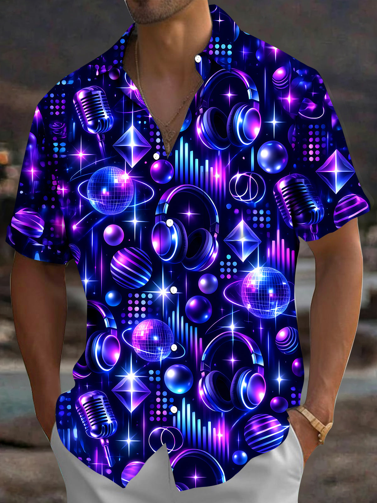 Adaychic Men's Neon Music Equipment And Disco Balls Print Short Sleeve Shirt with Chest Pocket