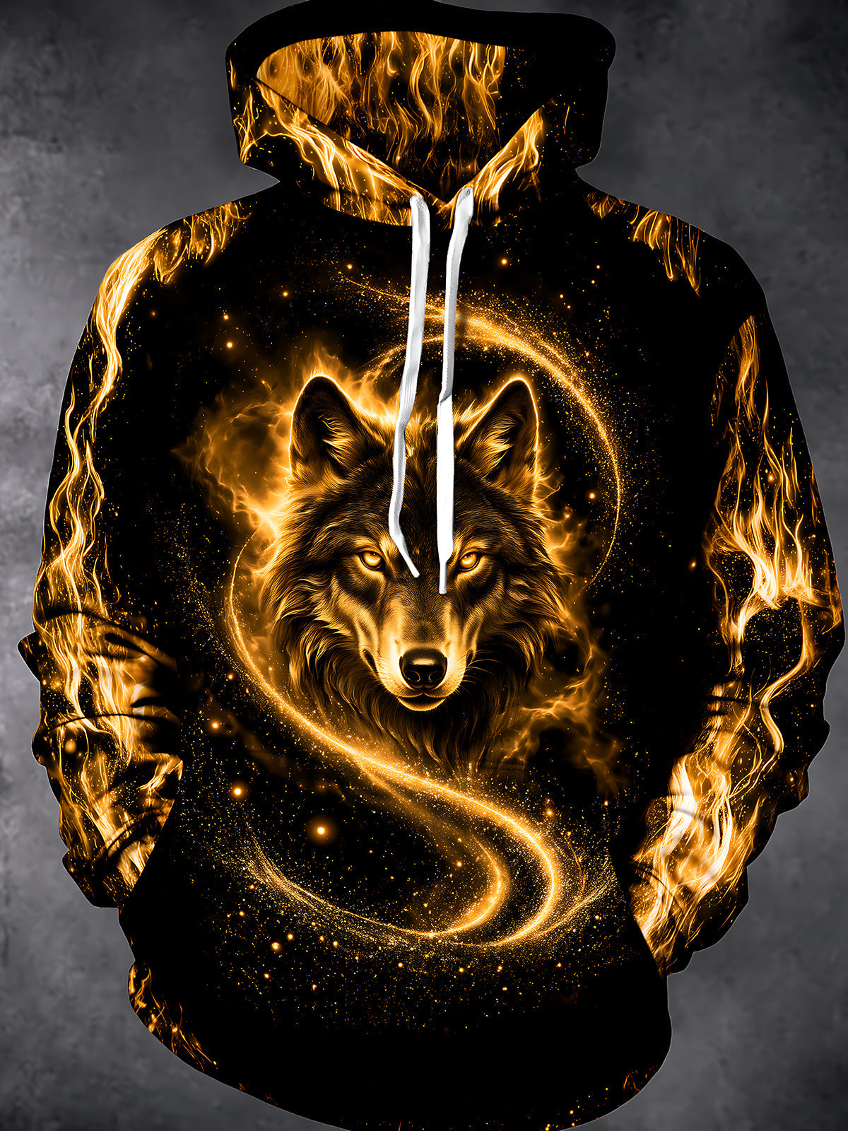 Adaychic Men's Long Sleeve Hoodie - Golden Wolf Head With Fire And Galaxy Swirl Print