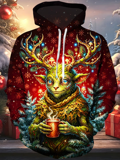 Adaychic Men's Long Sleeve Hoodie - Christmas Fantasy Forest Elk Spirit With Mushrooms And Pine Branches Print