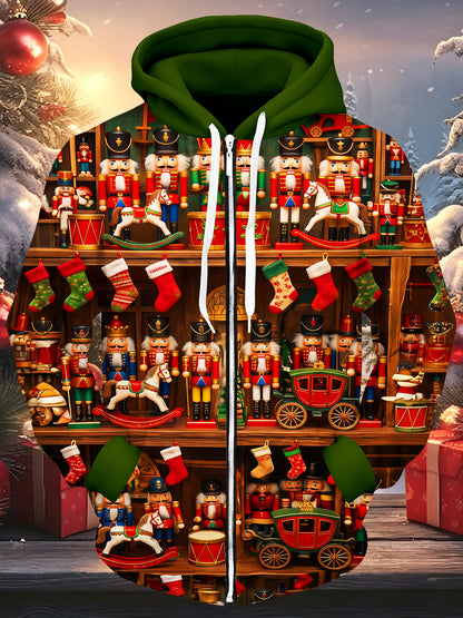 Adaychic Men's Long Sleeve Zip-Up Hoodie - Toy Cabinet Nutcracker Soldiers And Christmas Stockings Print