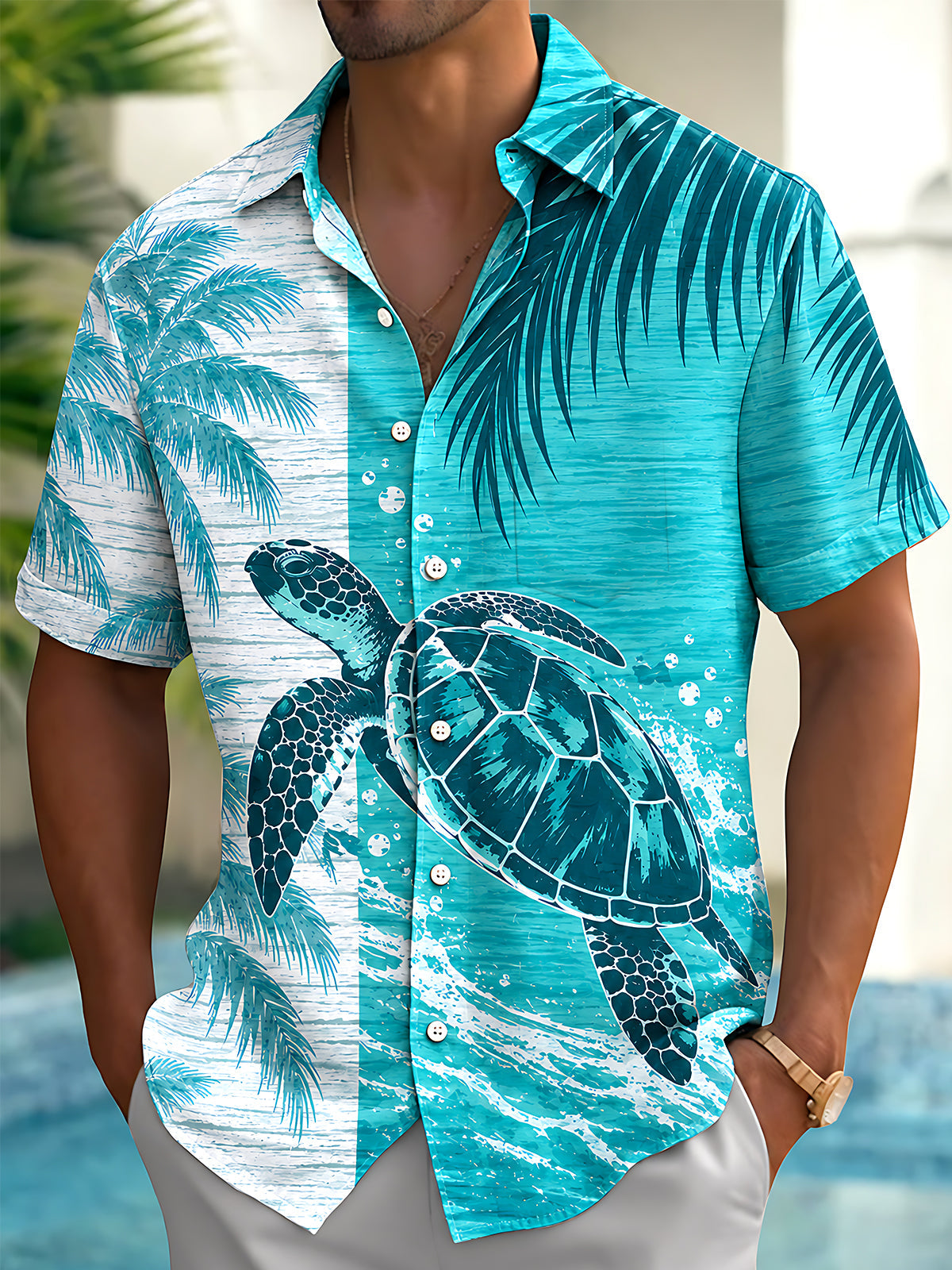 Adaychic Men's Hawaiian Sea Turtle Print Palm Leaves Print Short Sleeve Shirt with Chest Pocket
