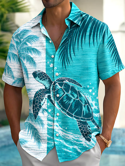 Adaychic Men's Hawaiian Sea Turtle Print Palm Leaves Print Short Sleeve Shirt with Chest Pocket