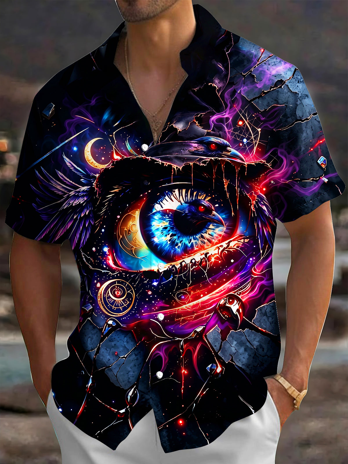 Adaychic Men's Graphic Mystic Raven And Cosmic Eye Print Short Sleeve Shirt with Chest Pocket