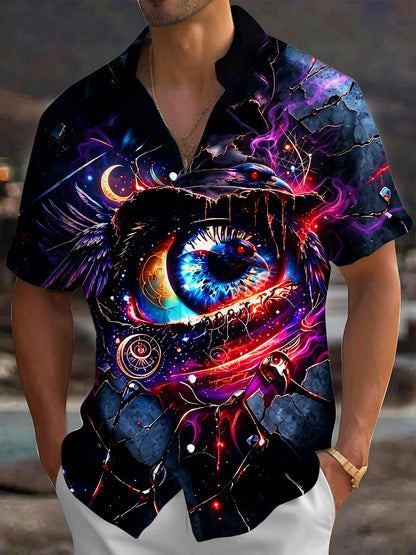 Adaychic Men's Graphic Mystic Raven And Cosmic Eye Print Short Sleeve Shirt with Chest Pocket
