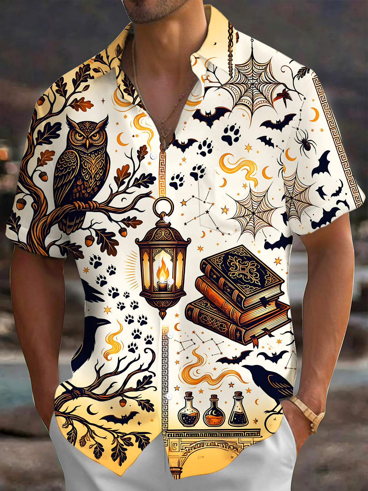 Adaychic Men's Short Sleeve Shirt - Halloween Bats And Spiderwebs Print Mystic Owl And Grimoire Books Print with Chest Pocket