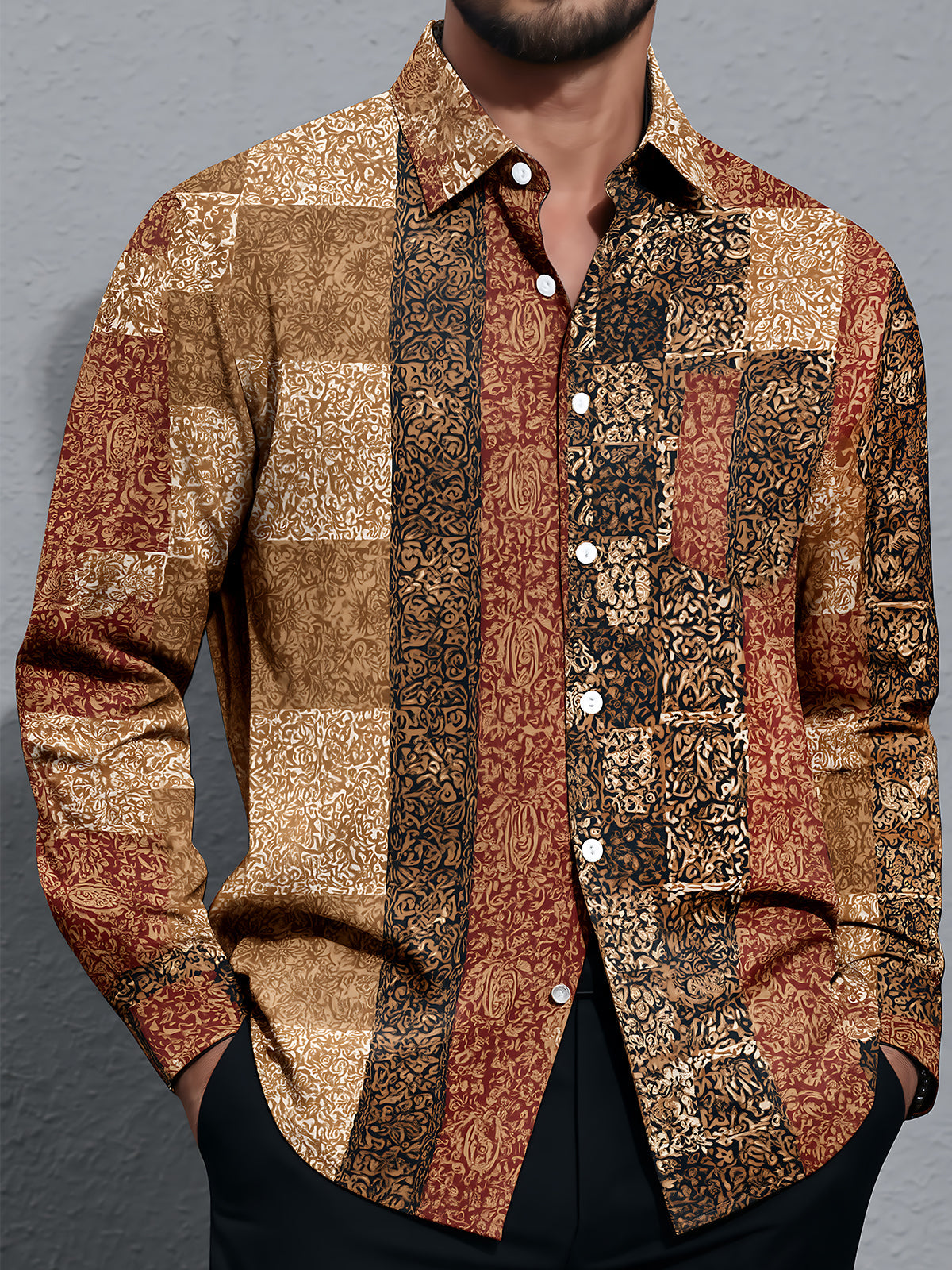 Adaychic Men's Vintage Style Paisley Patchwork Print Long Sleeve Shirt with Chest Pocket