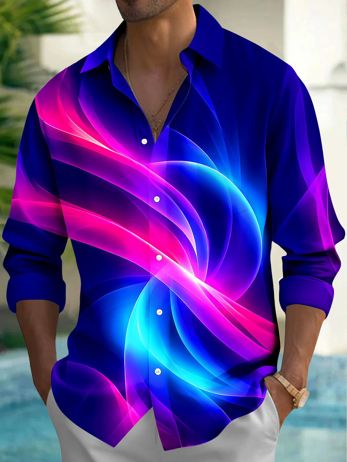 Adaychic Men's Abstract Swirling Gradient Waves Print Long Sleeve Shirt with Chest Pocket