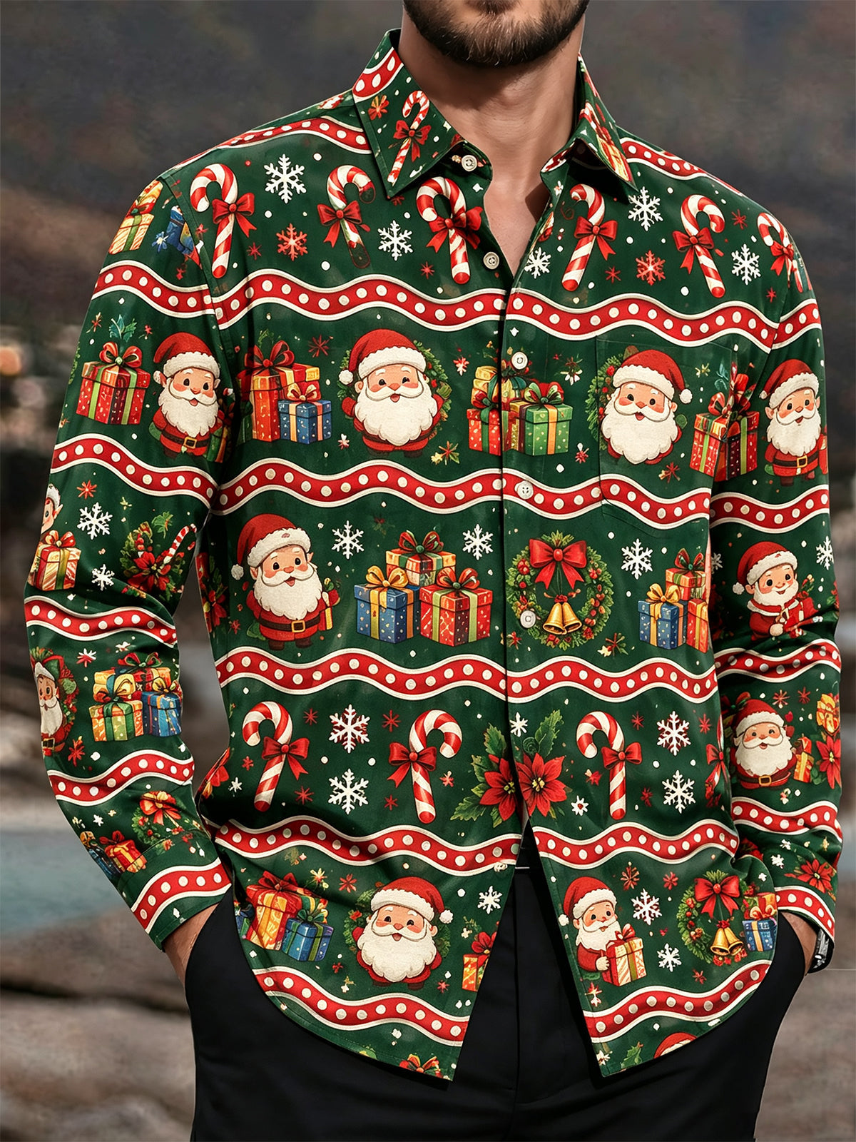 Adaychic Men's Printed Santa Claus And Christmas Gifts Print Long Sleeve Shirt with Chest Pocket