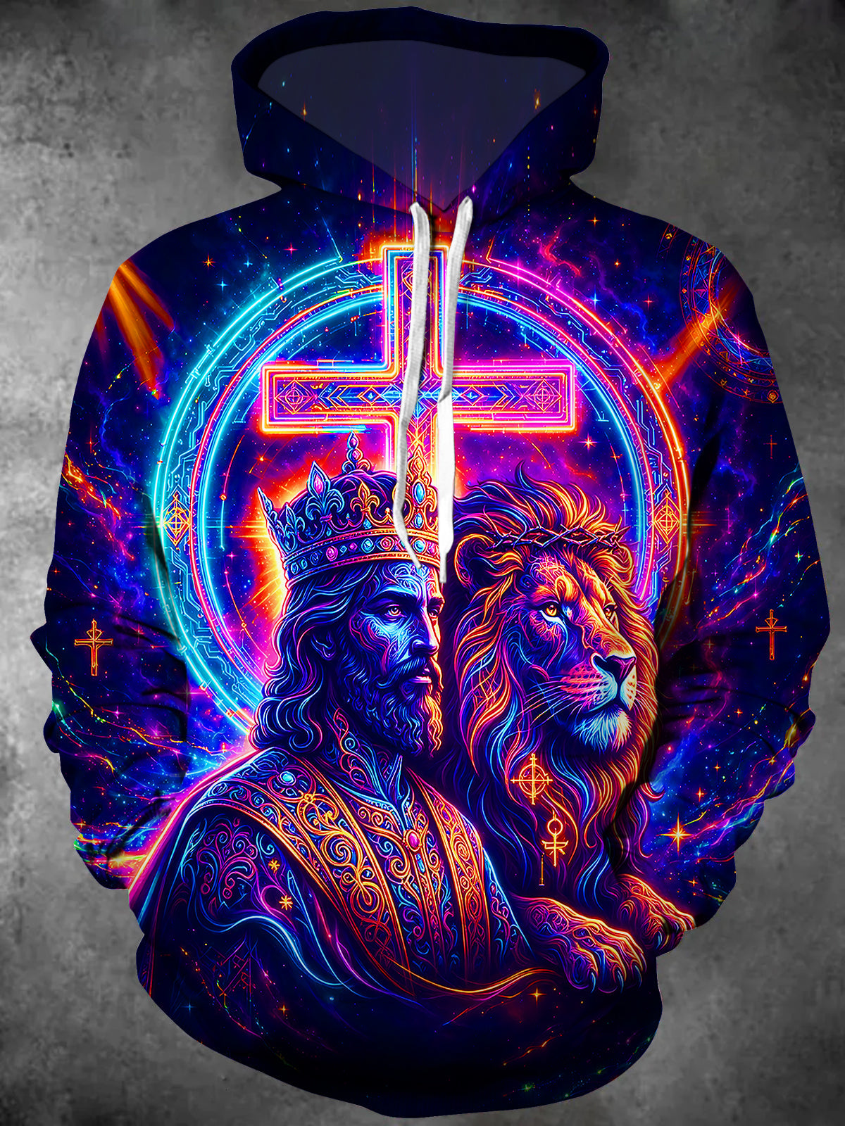 Adaychic Men's Neon Cosmic Lion And King With Cross Print Long Sleeve Hoodie