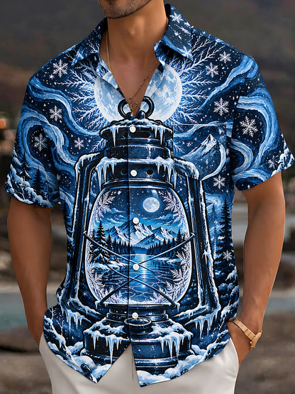 Adaychic Men's Short Sleeve Shirt - Vintage Kerosene Lantern With Winter Landscape Print with Chest Pocket