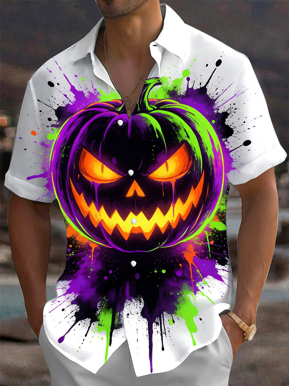 Adaychic Men's Short Sleeve Shirt - Halloween Jack-o-lantern Pumpkin With Paint Splatter Print with Chest Pocket