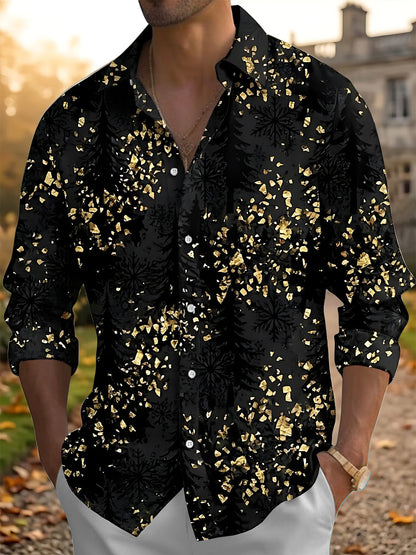 Adaychic Men's Printed Gold Snowflake And Gold Flake Pattern Long Sleeve Shirt with Chest Pocket