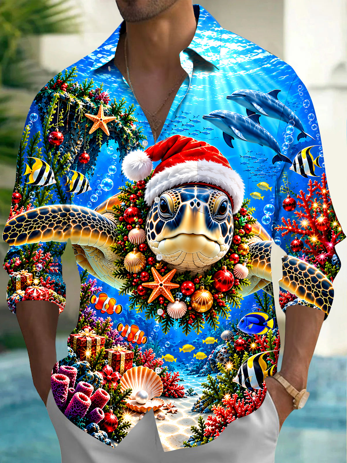 Adaychic Men's Long Sleeve Shirt - Sea Turtle Wearing Santa Hat And Christmas Wreath Print with Chest Pocket