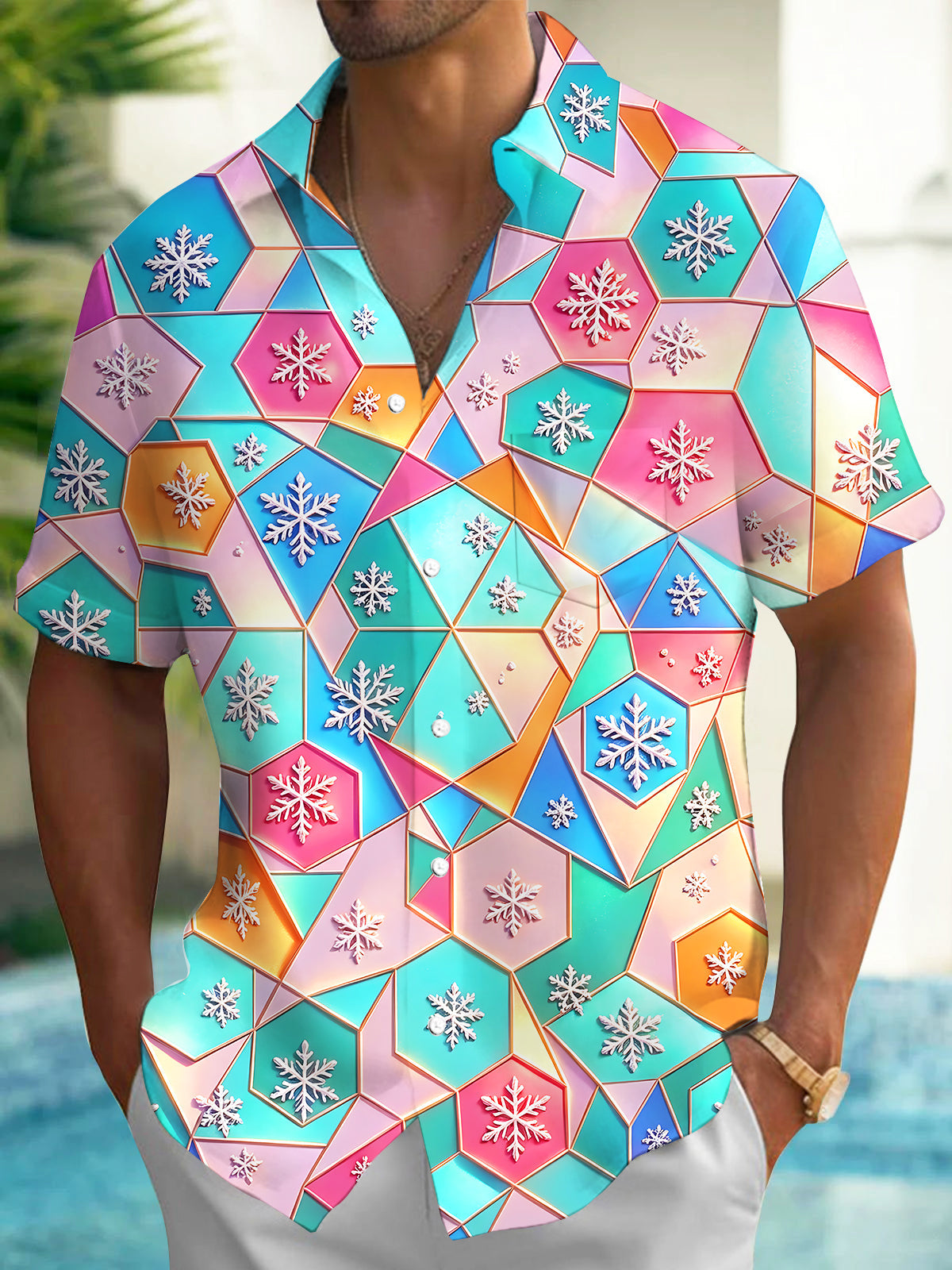 Adaychic Men's Hawaiian Snowflake Pattern Short Sleeve Shirt with Chest Pocket