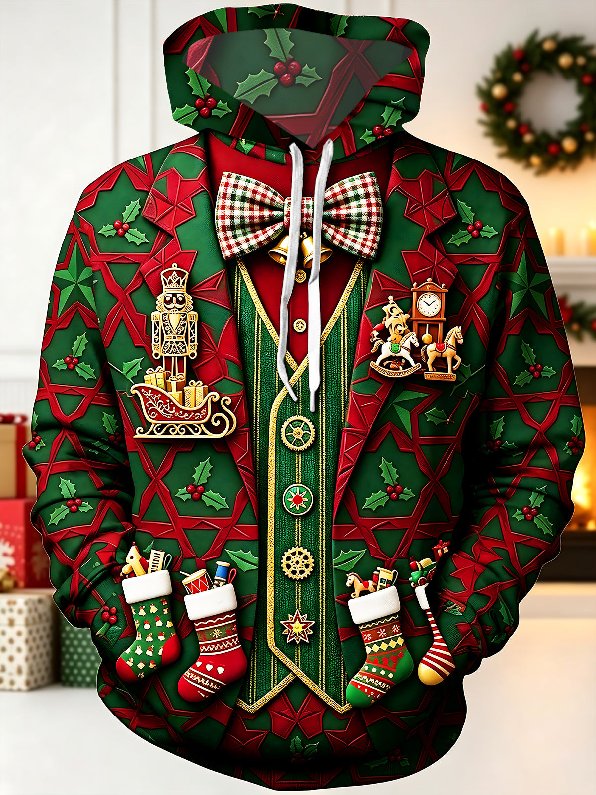 Adaychic Men's Printed Christmas Nutcracker And Sleigh Print Long Sleeve Hoodie