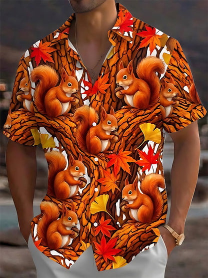 Adaychic Men's Hawaiian Autumn Squirrel Print Short Sleeve Shirt with Chest Pocket