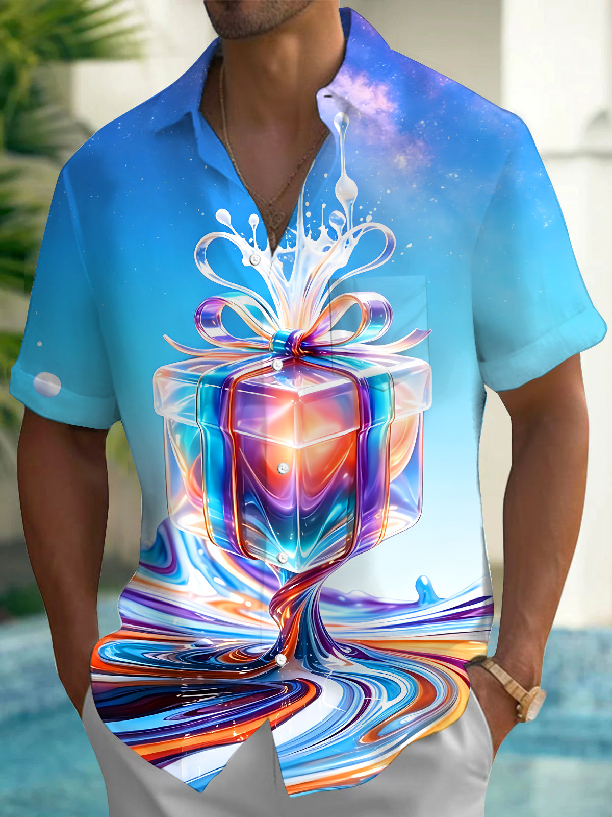Adaychic Men's Graphic Colorful Gift Box Print Short Sleeve Shirt with Chest Pocket
