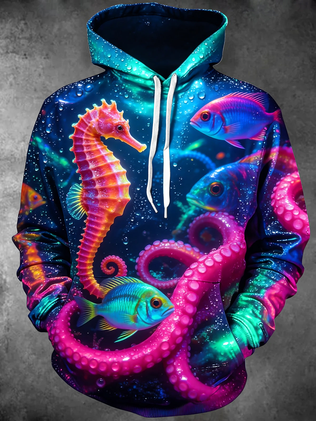 Adaychic Men's Neon Seahorse And Octopus Tentacles Print Long Sleeve Hoodie
